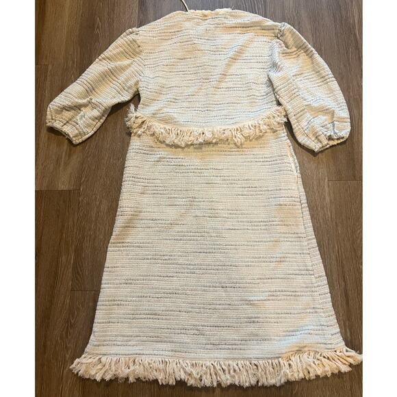 Something Navy Piper Fringe Dress Boho Tasseled Knitted Midi Cream Medium - Picture 8 of 9